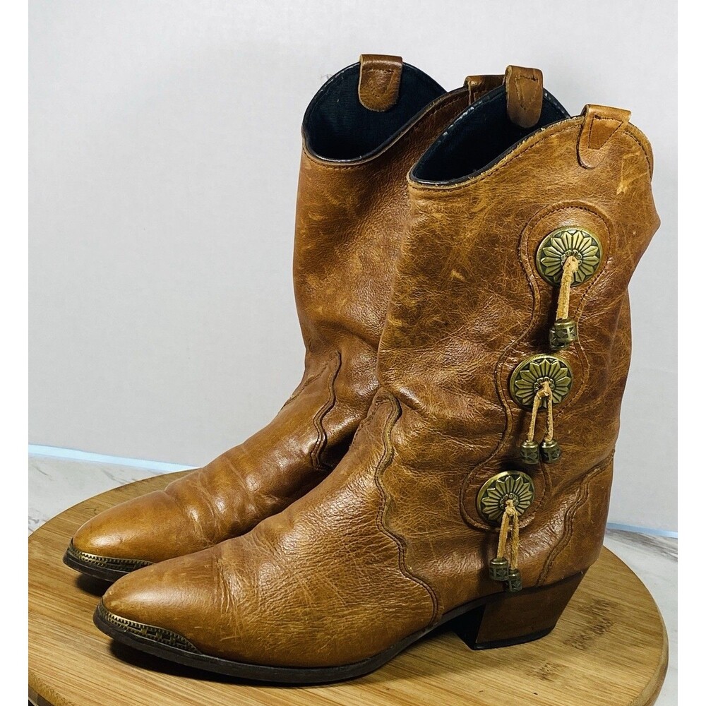 Vintage Sage Abilene Concho Studded Boots 7M Cowgirl Western Brown Leather